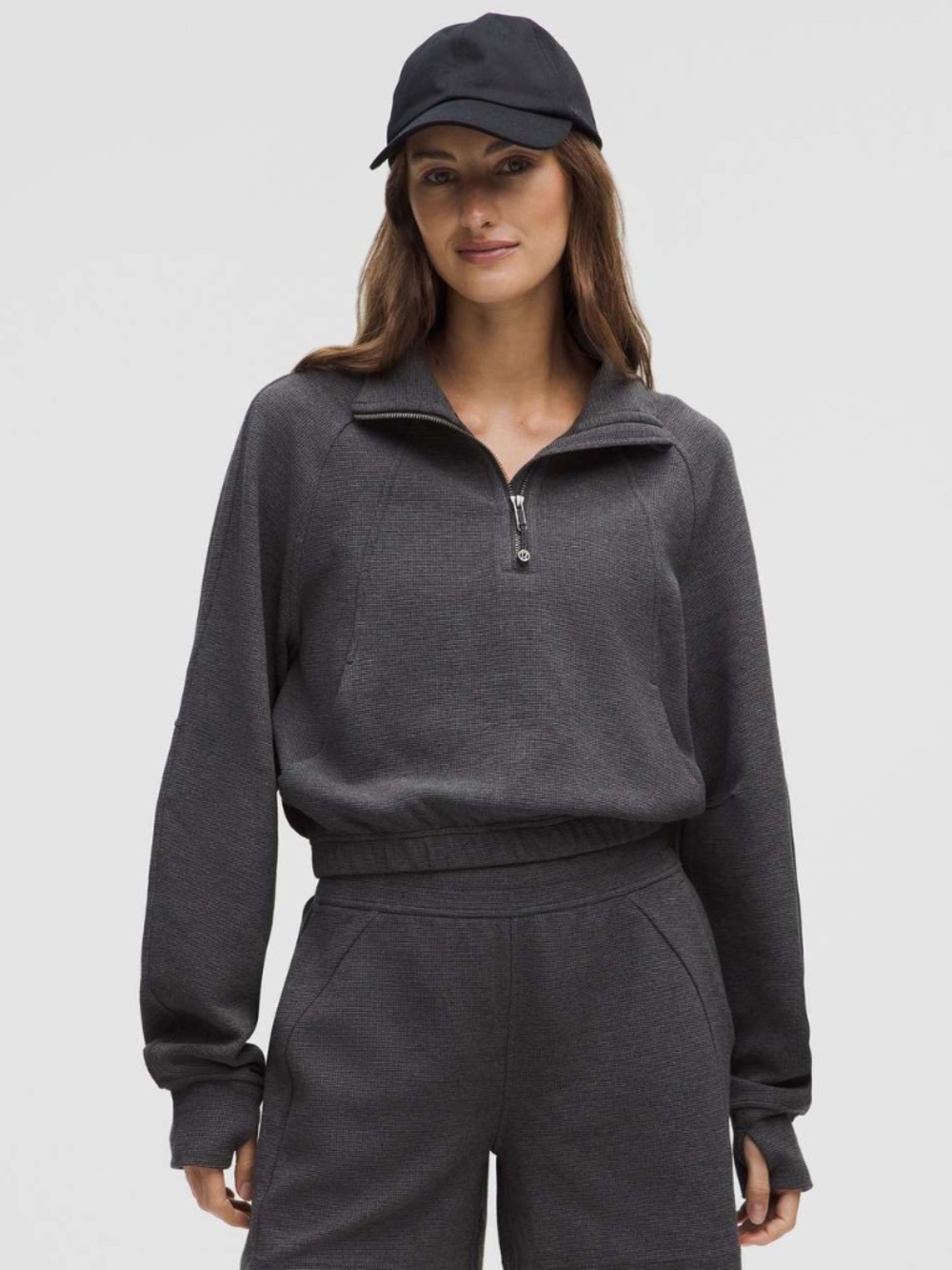 Lululemon Suba Cropped Funnel-Neck Half Zip Waffle in Heathered Graphite Grey